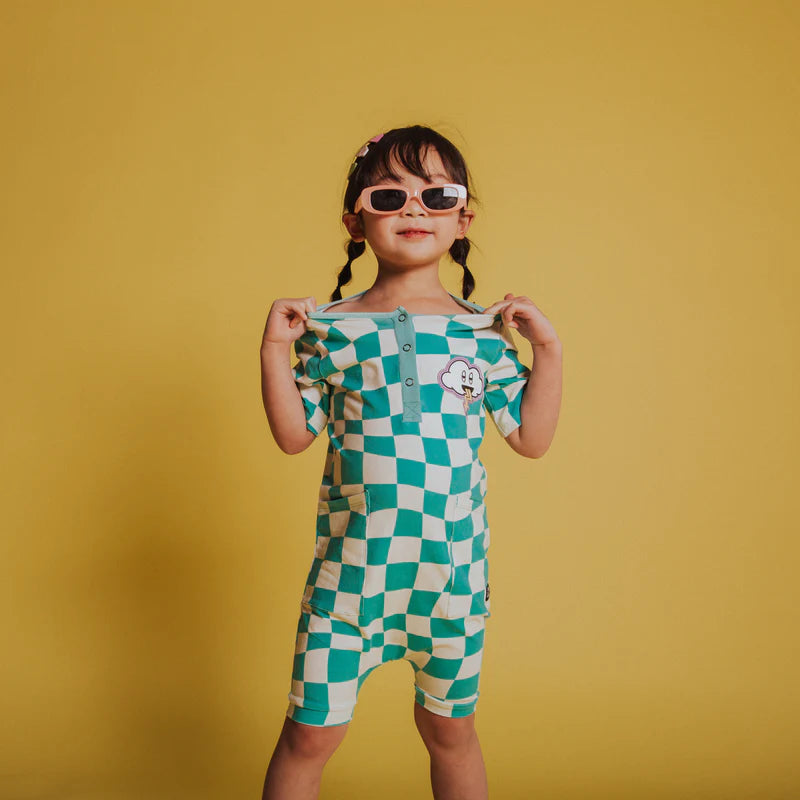 Short Sleeve Hip Pocket Rag Romper- 'Checked By Lennon'