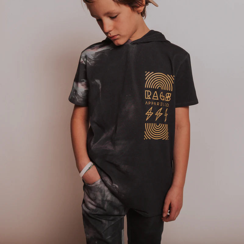 Drop Shoulder Hooded Kids Tee - 'Black Marble Dip Dye'